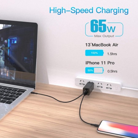 Meidong USB C Charger, Meidong 65W 3 Port PD 3.0 [GaN Tech] Type C Fast Charger Adapter Power Delivery Foldable Adapter, USB Wall Charger