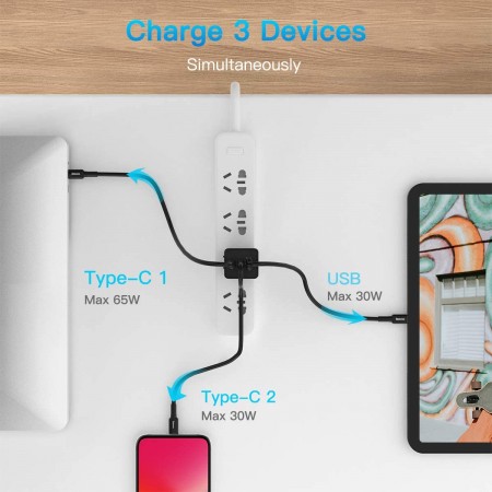 Meidong USB C Charger, Meidong 65W 3 Port PD 3.0 [GaN Tech] Type C Fast Charger Adapter Power Delivery Foldable Adapter, USB Wall Charger