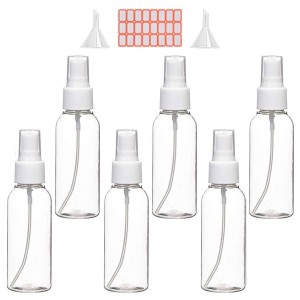 Meidong Spray Bottles, 2oz/50ml Clear Empty Fine Mist Plastic Mini Travel Bottle Set, Small Refillable Liquid Containers with 2pcs Funnels and 24pcs Labels (6 Pack)