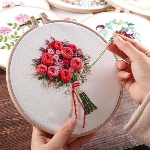 Meidong DIY Embroidery Starter Kit, Cotton Fibric with Stamped Pattern, 8 inch Embroidery Hoop, Color Threads, and Needles