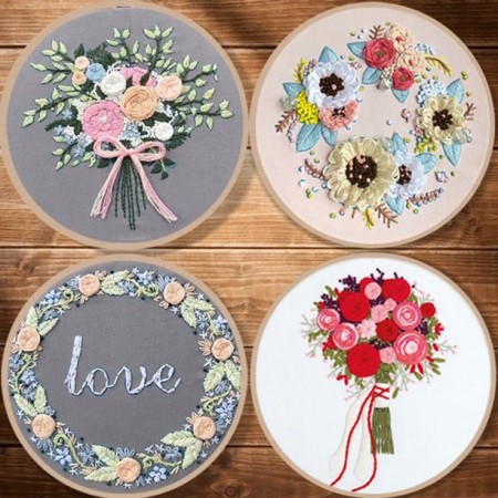 Meidong DIY Embroidery Starter Kit, Cotton Fibric with Stamped Pattern, 8 inch Embroidery Hoop, Color Threads, and Needles
