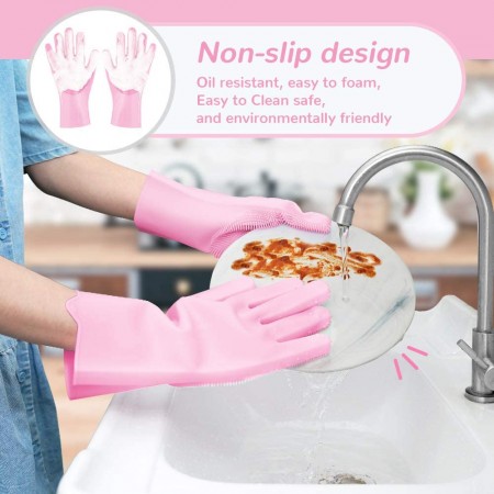 Meidong Silicone Dishwashing Gloves, Reusable Dish Gloves Cleaning Brush Heat Resistan with Sponge Scrubbers for Kitchen Clean, Housework, Bathroom, Bathing, Car Washing