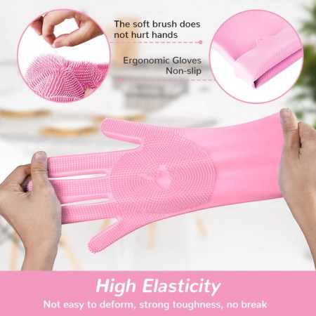 Meidong Silicone Dishwashing Gloves, Reusable Dish Gloves Cleaning Brush Heat Resistan with Sponge Scrubbers for Kitchen Clean, Housework, Bathroom, Bathing, Car Washing
