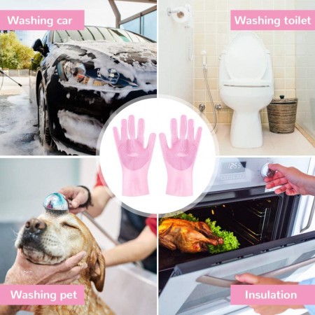 Meidong Silicone Dishwashing Gloves, Reusable Dish Gloves Cleaning Brush Heat Resistan with Sponge Scrubbers for Kitchen Clean, Housework, Bathroom, Bathing, Car Washing