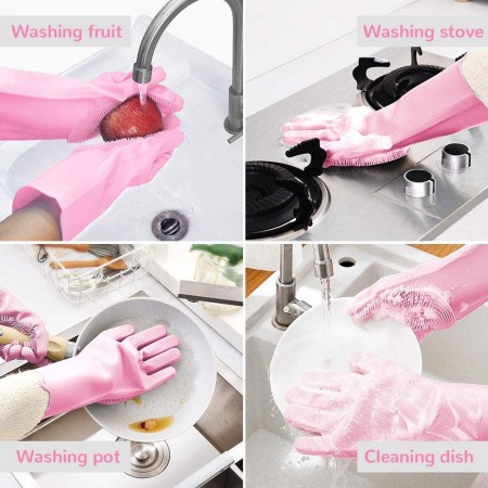 Meidong Silicone Dishwashing Gloves, Reusable Dish Gloves Cleaning Brush Heat Resistan with Sponge Scrubbers for Kitchen Clean, Housework, Bathroom, Bathing, Car Washing
