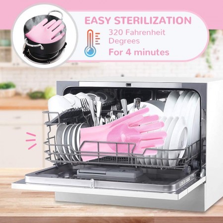 Meidong Silicone Dishwashing Gloves, Reusable Dish Gloves Cleaning Brush Heat Resistan with Sponge Scrubbers for Kitchen Clean, Housework, Bathroom, Bathing, Car Washing