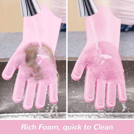 Meidong Silicone Dishwashing Gloves, Reusable Dish Gloves Cleaning Brush Heat Resistan with Sponge Scrubbers for Kitchen Clean, Housework, Bathroom, Bathing, Car Washing