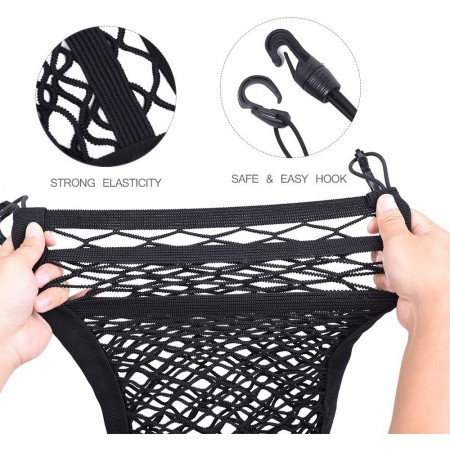 Meidong Car Seat Storage Mesh/Organizer - 3 Lays Back Seat Elastic Cargo String Net Pouch Holder for Bag Luggage Pets Kids Barrier Disturb Stopper