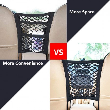 Meidong Car Seat Storage Mesh/Organizer - 3 Lays Back Seat Elastic Cargo String Net Pouch Holder for Bag Luggage Pets Kids Barrier Disturb Stopper