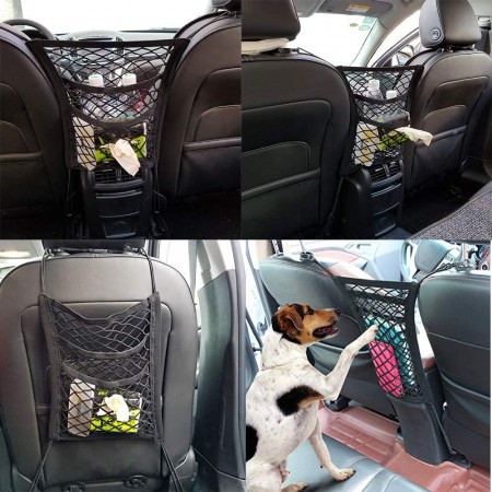 Meidong Car Seat Storage Mesh/Organizer - 3 Lays Back Seat Elastic Cargo String Net Pouch Holder for Bag Luggage Pets Kids Barrier Disturb Stopper
