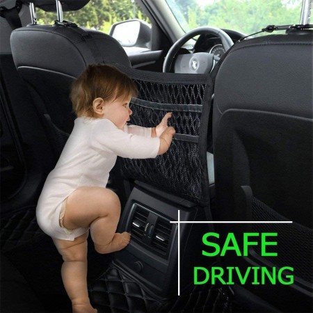 Meidong Car Seat Storage Mesh/Organizer - 3 Lays Back Seat Elastic Cargo String Net Pouch Holder for Bag Luggage Pets Kids Barrier Disturb Stopper