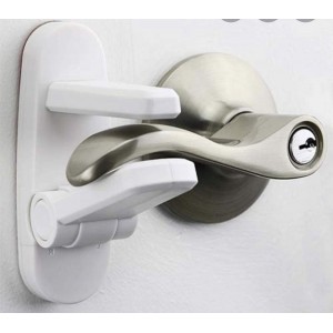 Meidong Improved Childproof Door Lever Lock 4-Pack Prevents Toddlers From Opening Doors. Easy One Hand Operation for Adults. Durable ABS with 3M Adhesive Backing. Simple Install, No Tools Needed (White, 4)