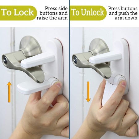 Meidong Improved Childproof Door Lever Lock 4-Pack Prevents Toddlers From Opening Doors. Easy One Hand Operation for Adults. Durable ABS with 3M Adhesive Backing. Simple Install, No Tools Needed (White, 4)
