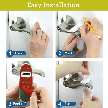 Meidong Improved Childproof Door Lever Lock 4-Pack Prevents Toddlers From Opening Doors. Easy One Hand Operation for Adults. Durable ABS with 3M Adhesive Backing. Simple Install, No Tools Needed (White, 4)