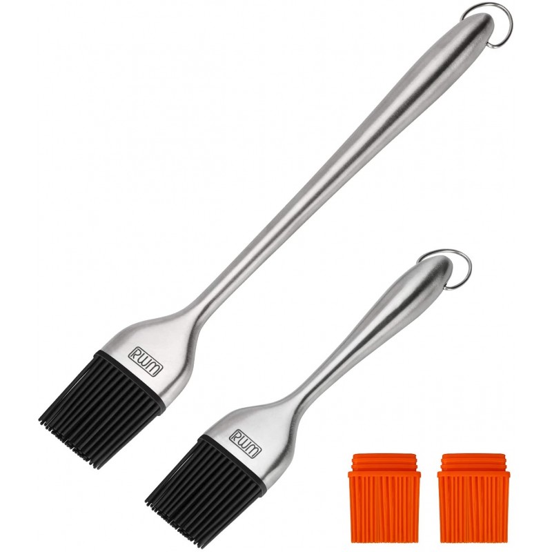 Meidong Basting Brush - Grilling BBQ Baking, Pastry, and Oil Stainless Steel Brushes with Back up Silicone Brush Heads(Orange) for Kitchen Cooking & Marinating, Dishwasher Safe