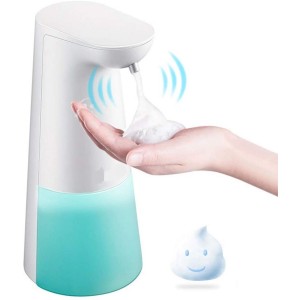 Meidong Soap Dispenser, Touchless Foaming Soap Dispenser Hand Free Countertop Soap Dispensers 240ml Xmas Gift Automatic Soap Pump for Bathroom Kitchen (White Dispenser+Blue Reservoir)