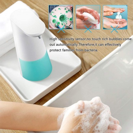 Meidong Soap Dispenser, Touchless Foaming Soap Dispenser Hand Free Countertop Soap Dispensers 240ml Xmas Gift Automatic Soap Pump for Bathroom Kitchen (White Dispenser+Blue Reservoir)
