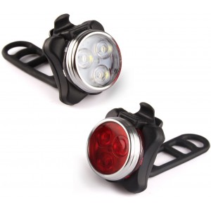 Meidong USB Rechargeable Bike Light Set,Super Bright Front Headlight and Rear LED Bicycle Light,650mah Lithium Battery,4 Light Mode Options(2 USB cables and 4 Strap Included)