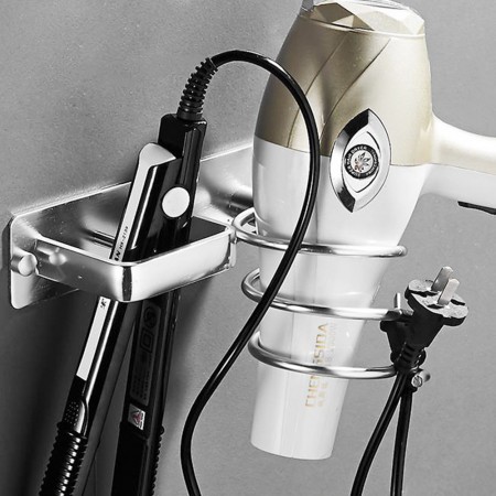 Meidong Wall Mount Aluminum Hair Blow Dryer Holder Organizer with Straightener Storage Stand Rack for Bathroom (Not Include Glue) (Silver)
