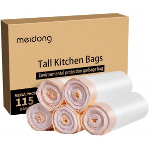 Meidong Trash Bags, Garbage Bags 13 Gallon Large Tall Kitchen Drawstring Strong Bags For Trash Can Garbage Bin, 5 Rolls/115 Counts