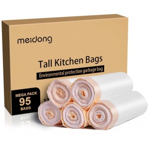 Trash Bags, Meidong Garbage Bags 13 Gallon Large Tall Kitchen Drawstring Strong Multipurpose White Bags for Trash Can Garbage Bin(5 Rolls/95 Counts)