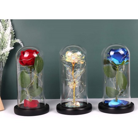 Meidong Galaxy Enchanted Red Rose, Silk Rose Under Glass Dome with Led Light, Mother's Day, Home/Office Decor, Anniversary, Valentine's Day Best Gifts for Girlfriend Wife Women(Red)