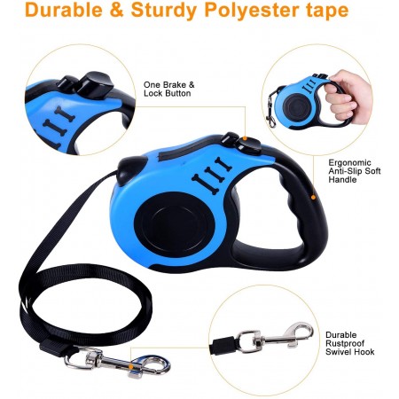 Meidong Retractable Dog Leash 16ft Heavy Duty Pet Walking Leash with Anti-Slip Handle Tangle Free 360 One-Hand Brake Blue/Red