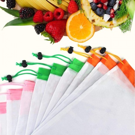 Meidong12 Pcs Reusable Mesh Produce Bags, Washable and Heavy Duty Resuable Shopping Bag, Mesh Drawstring Bag, Eco Friendly Fruit Vegetable Produce Bags for Home Shopping Grocery Storage 3 Sizes