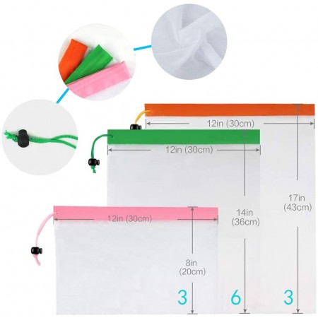 Meidong12 Pcs Reusable Mesh Produce Bags, Washable and Heavy Duty Resuable Shopping Bag, Mesh Drawstring Bag, Eco Friendly Fruit Vegetable Produce Bags for Home Shopping Grocery Storage 3 Sizes