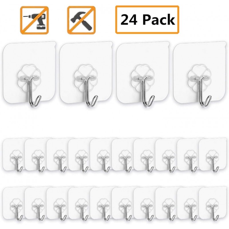Meidong Adhesive Hooks Kitchen Wall Hooks- 24 Packs Heavy Duty 13.2lb(Max) Nail Free Sticky Hangers with Stainless Hooks Reusable Utility Towel Bath Ceiling Hooks (Adhesive Hooks)
