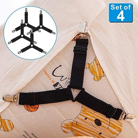 Meidong Adjustable Bed Sheet Holder Straps, Triangle Non-Slip Elastic Mattress Corner Clips with Heavy Duty Grippers Clips (Set of 4)