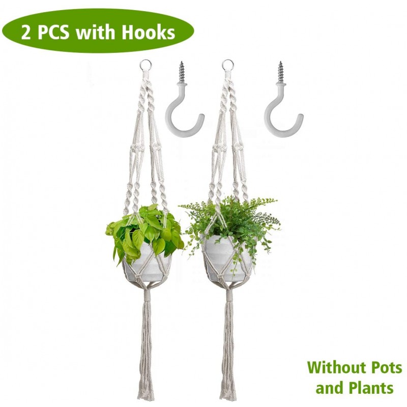 Meidong 2 Pack Macrame Plant Hanger with 2 Hooks for Indoor Plants and Outdoor Plants,41 inch Handmade Cotton Hanging Plant Holder with 4 Legs for Home,Garden,Office Decor (Rice White)