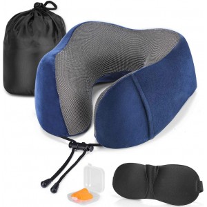 Meidong Travel Pillow Memory Foam Neck Pillow, Upgrade Design Perfect Support Machine Washable Airplane Travel Kit U Shaped Pillow with 3D Contoured Eye Mask, Earplugs, Travel Bag