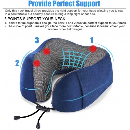 Meidong Travel Pillow Memory Foam Neck Pillow, Upgrade Design Perfect Support Machine Washable Airplane Travel Kit U Shaped Pillow with 3D Contoured Eye Mask, Earplugs, Travel Bag