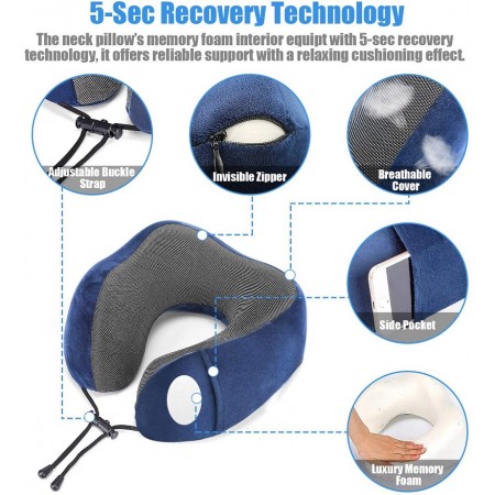 Meidong Travel Pillow Memory Foam Neck Pillow, Upgrade Design Perfect Support Machine Washable Airplane Travel Kit U Shaped Pillow with 3D Contoured Eye Mask, Earplugs, Travel Bag