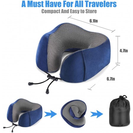 Meidong Travel Pillow Memory Foam Neck Pillow, Upgrade Design Perfect Support Machine Washable Airplane Travel Kit U Shaped Pillow with 3D Contoured Eye Mask, Earplugs, Travel Bag