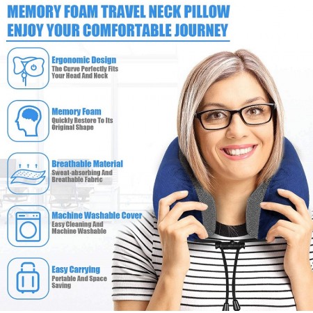 Meidong Travel Pillow Memory Foam Neck Pillow, Upgrade Design Perfect Support Machine Washable Airplane Travel Kit U Shaped Pillow with 3D Contoured Eye Mask, Earplugs, Travel Bag