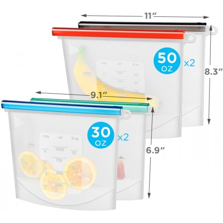 Meidong Reusable Silicone Bags Bpa Free Dishwasher Safe, Airtight Seal Silicone Food Storage Bag Keep Fresh for Snack Sandwich Fruit Kitchen Freezer, 2 Large + 2 Medium Size