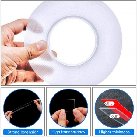 Meidong Multipurpose Nano Grip Tape Reusable Removable Washable Double Sided Sticky Strips Seamless Traceless Tape Adhesive Kitchen Holder (Clear - 3M/10ft)