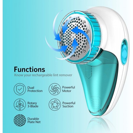 Meidong Lint Remover Rechargeable, Electric Sweater Shaver, Fabric Shaver Defuzzer with 2-Speeds, Removable Bin & Replaceable Stainless Steel 3-Blades, Dual Protection - Tale White