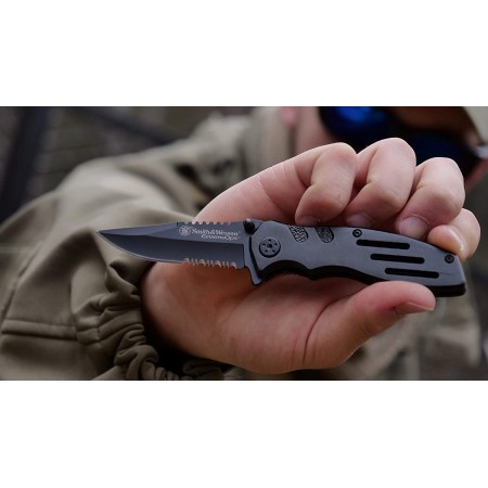 Meidong Folding Knife with 3.1in Serrated Clip Point Blade and Aluminum Handle for Outdoor, Tactical, Survival and EDC