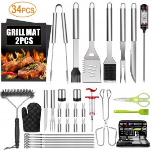 Meidong 32PCS BBQ Grill Accessories Tools Set, Stainless Steel Grilling Tools with Carry Bag, Thermometer, Grill Mats for Camping/Backyard Barbecue, Grill Tools Set for Men Women