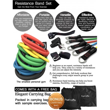 Meidong Exercise Resistance Bands with Handles - 5 Fitness Workout Bands Stackable up to 110 lbs, Training Tubes with Large Handles, Ankle Straps, Door Anchor Attachment, Carry Bag and Bonus eBook