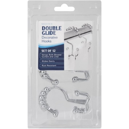 Meidong Double Roller Glide Hooks, Set of 12 Shower Curtain Rings, Metal Chrome