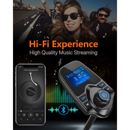 Meidong Bluetooth Car FM Transmitter Audio Adapter Receiver Wireless Hands Free Car Kit W 1.44 Inch Display - KM18 Black