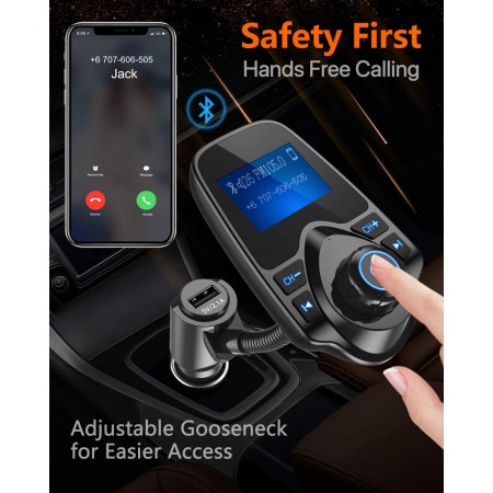 Meidong Bluetooth Car FM Transmitter Audio Adapter Receiver Wireless Hands Free Car Kit W 1.44 Inch Display - KM18 Black