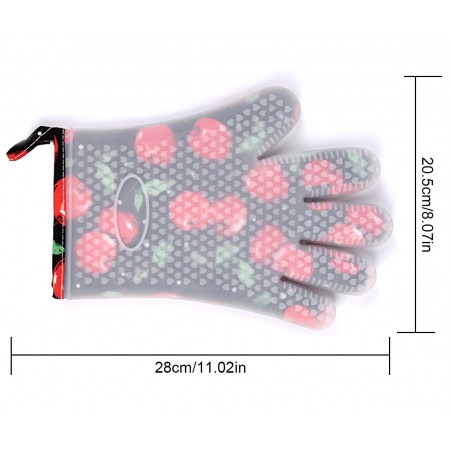 Meidong Oven Mitts Gloves Double-Layer Kitchen Hot Silicone 500°F Heat Resistant Cotton Inner Layer Set Men Women Kids Anti-Scald for Hot Pan Oven Dishware Plate Food Meat (Black, Cherry Pattern)