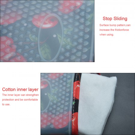 Meidong Oven Mitts Gloves Double-Layer Kitchen Hot Silicone 500°F Heat Resistant Cotton Inner Layer Set Men Women Kids Anti-Scald for Hot Pan Oven Dishware Plate Food Meat (Black, Cherry Pattern)
