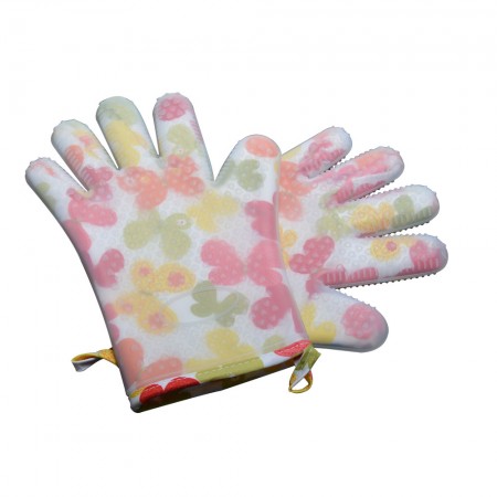 Meidong Oven Mitts Gloves Double-Layer Kitchen Hot Silicone 500°F Heat Resistant Cotton Inner Layer Set Men Women Kids Anti-Scald for Hot Pan Oven Dishware Plate Food Meat (White, Butterfly Pattern)