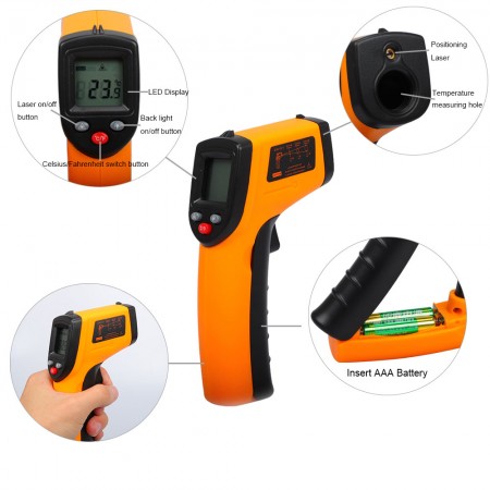 Meidong Infrared Thermometers Non-Contact Digital Laser Temperature Measurement Gun -58℉～716℉(-50℃～380℃) Battery Powered for Cooking Electrical Automotive Maintenance (Yellow)